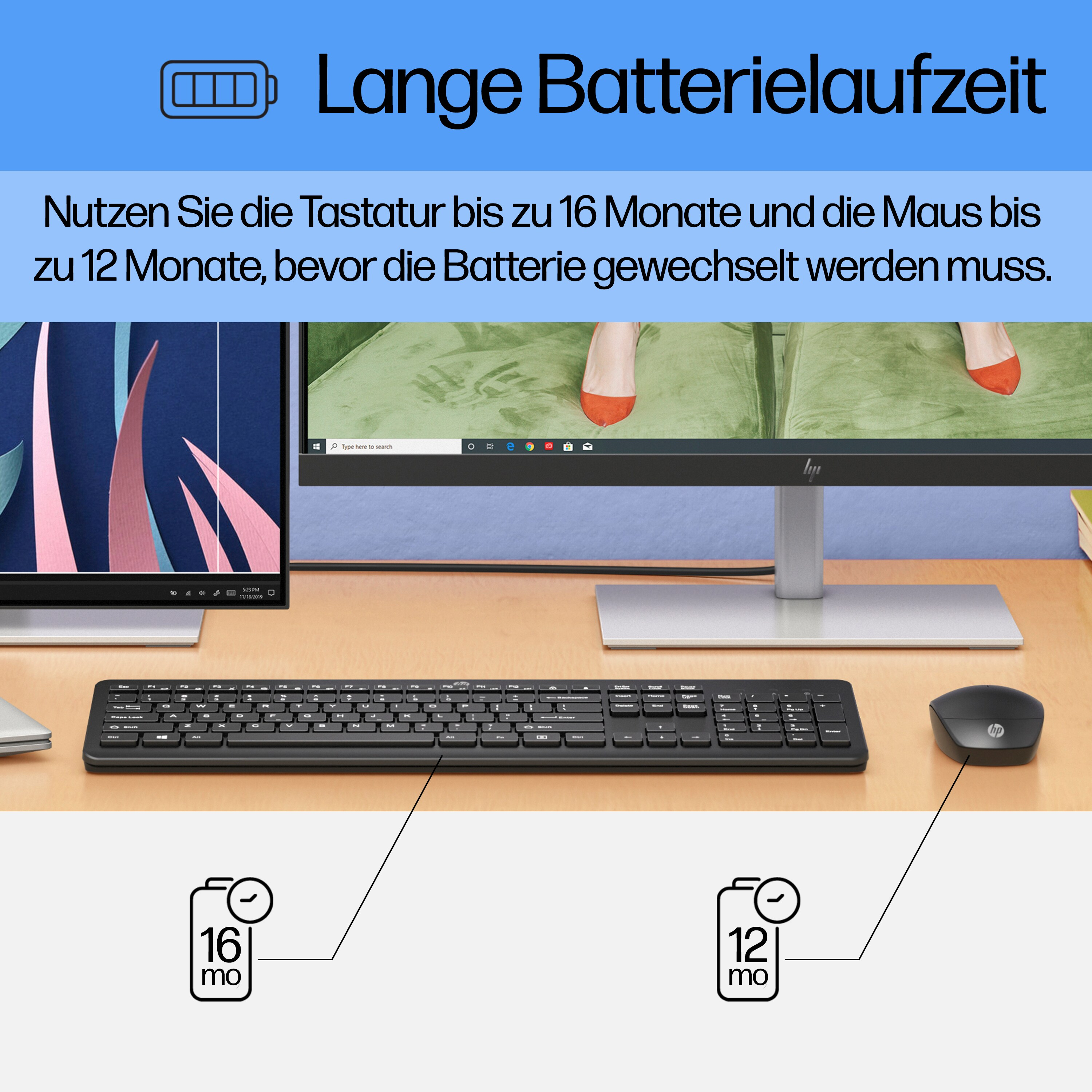 Tastiera, mouse su una scrivania. Schermo mostra un grafico. Indicatori di durata della batteria.