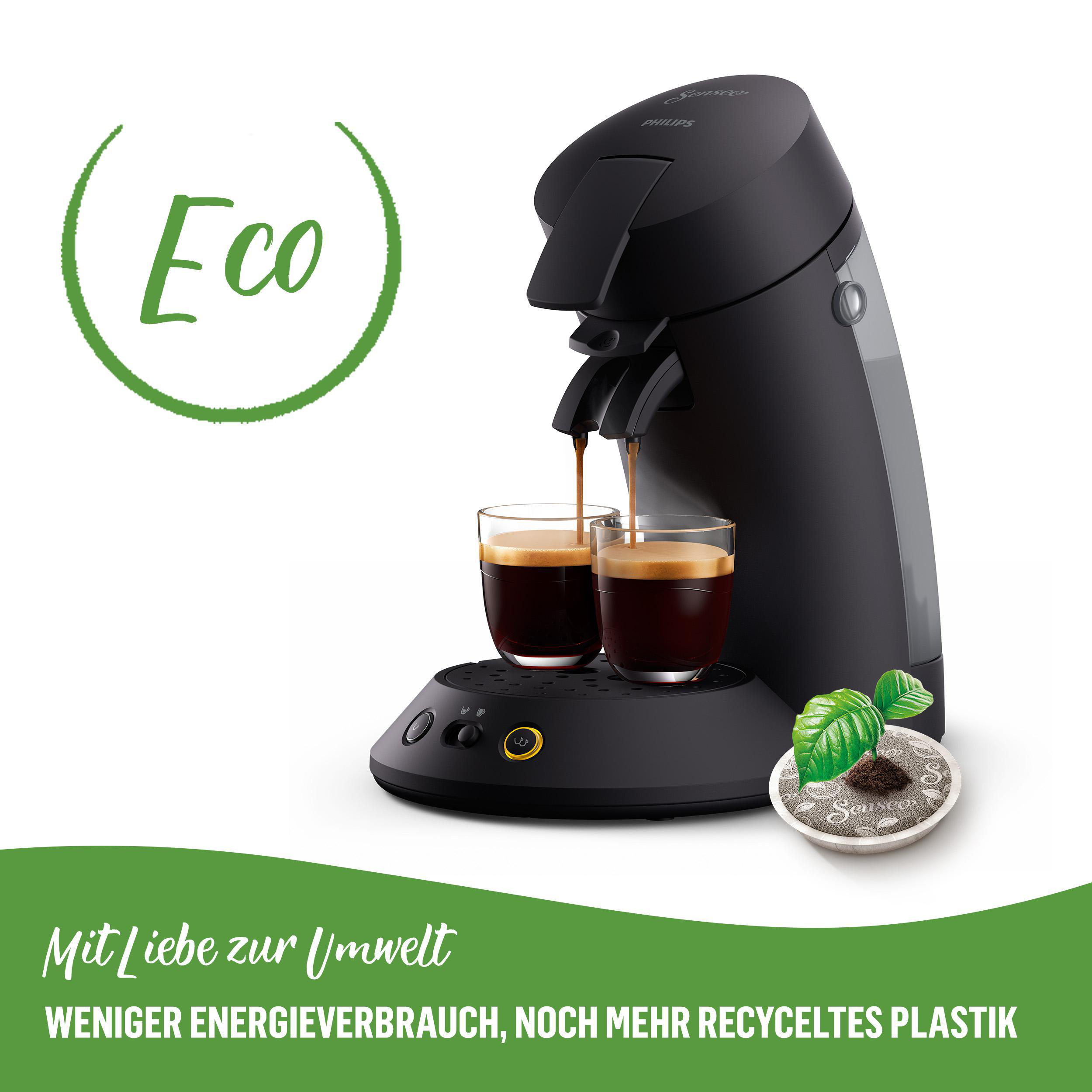Schwarze Philips Senseo Kaffeemaschine mit zwei Tassen. Grüner Kreis mit 'Eco' Text. Kaffee wird gegossen.