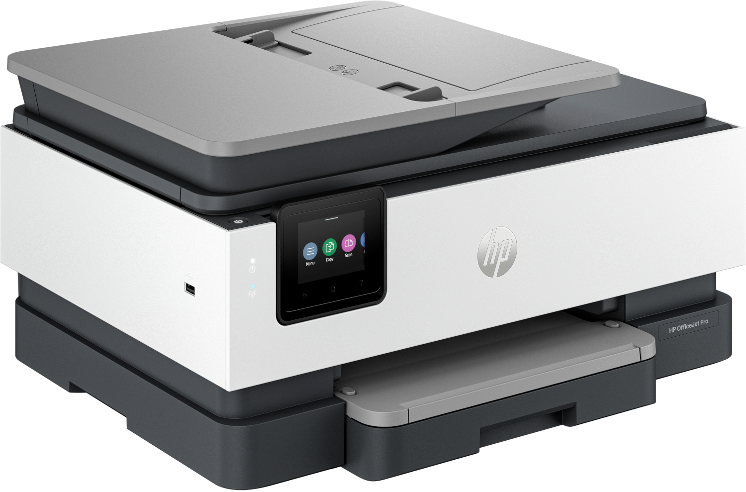An HP printer with a flatbed scanner and touchscreen. White and gray. A print job is in the tray.