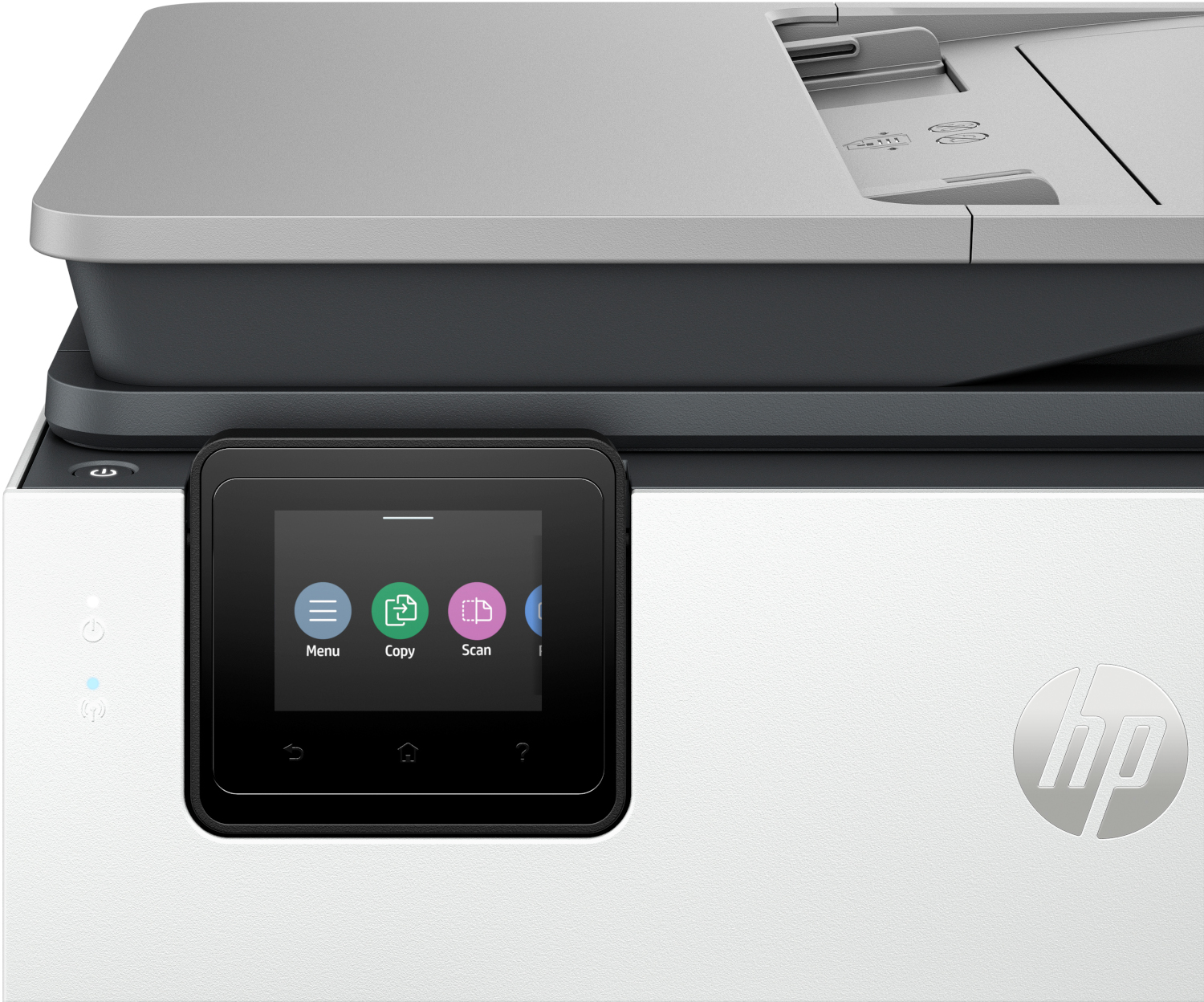 A close-up of a white and gray printer with a touchscreen interface. The HP logo is visible.