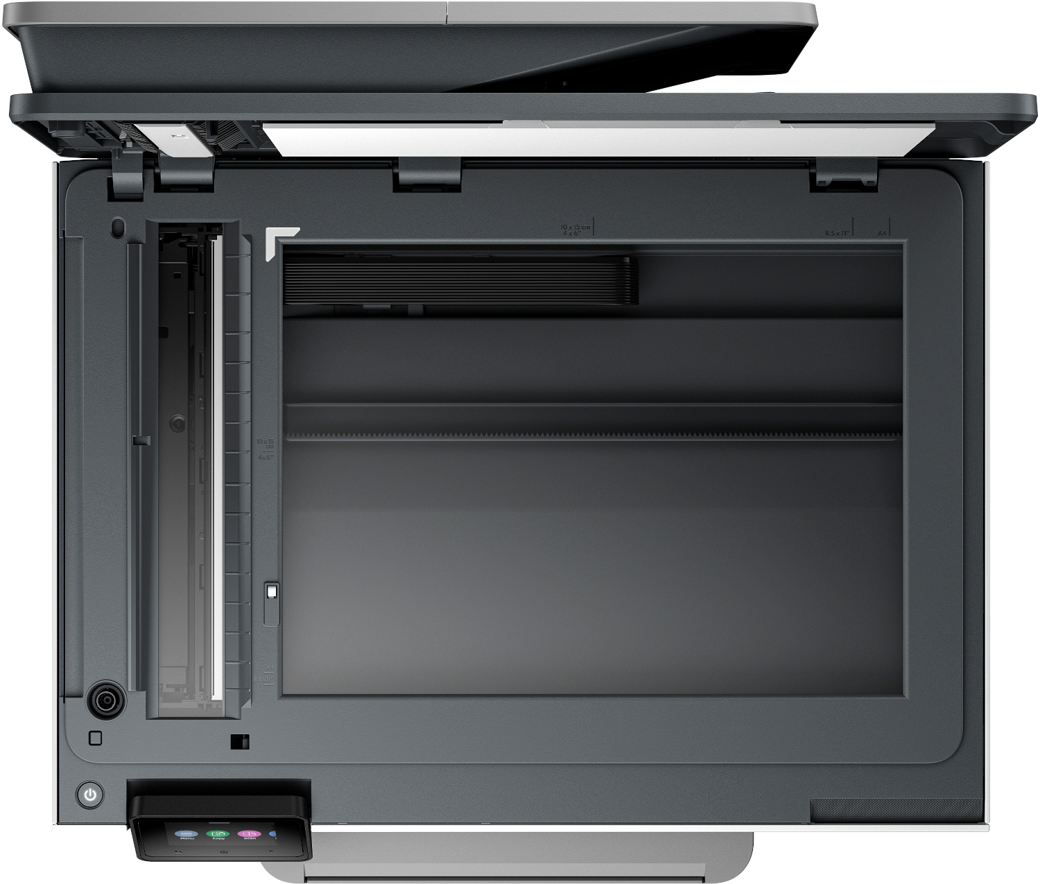 Top view of a printer showing the scanner, document feeder, and control panel.