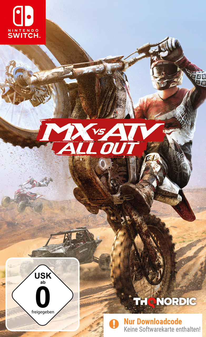 Spielbox-Art für 'MX vs ATV All Out' mit Fahrer auf einem Dirtbike. Wüstenhintergrund.