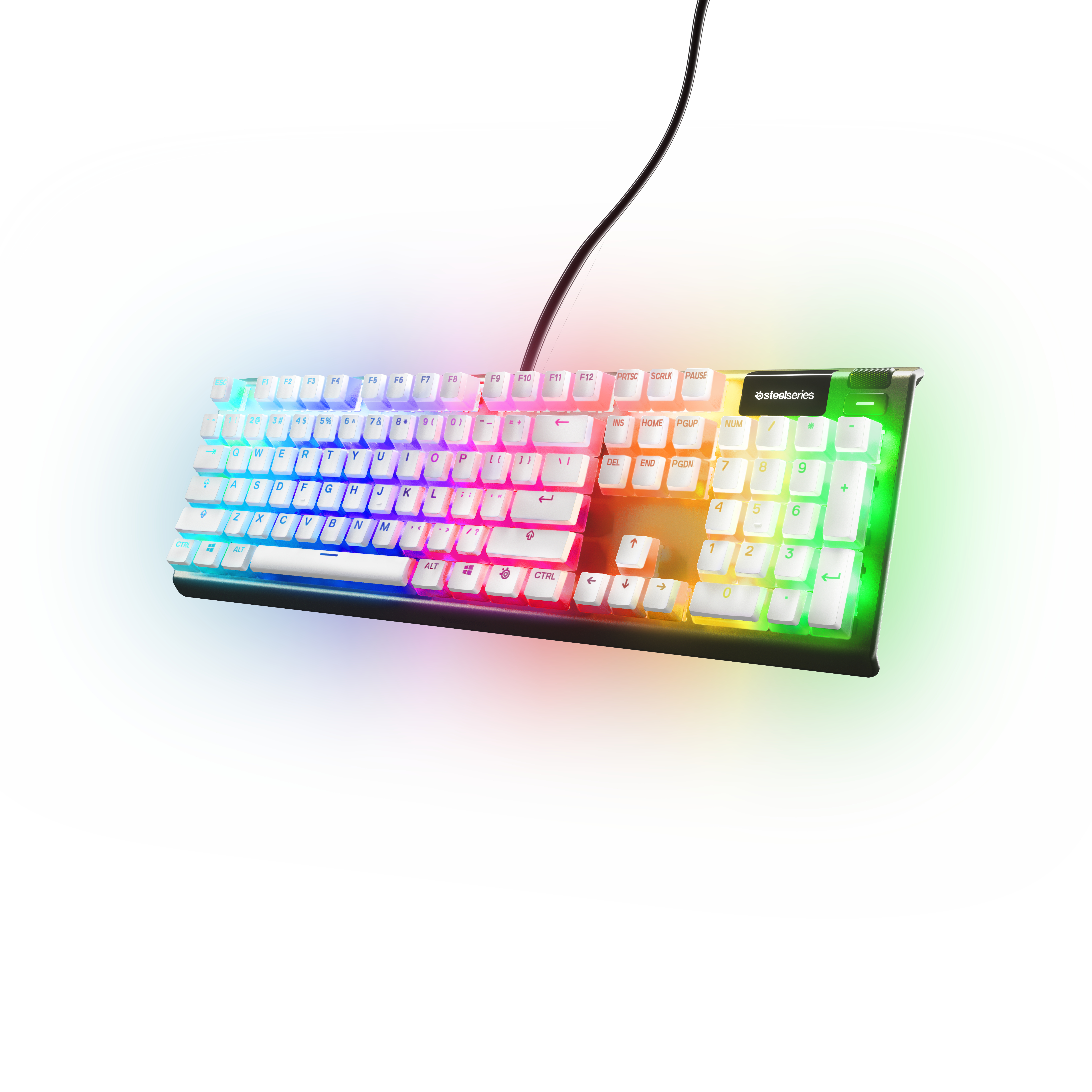 Weisse SteelSeries-Tastatur mit bunten Tasten. Schwarzes Kabel angeschlossen. Lichter beleuchten Tasten.