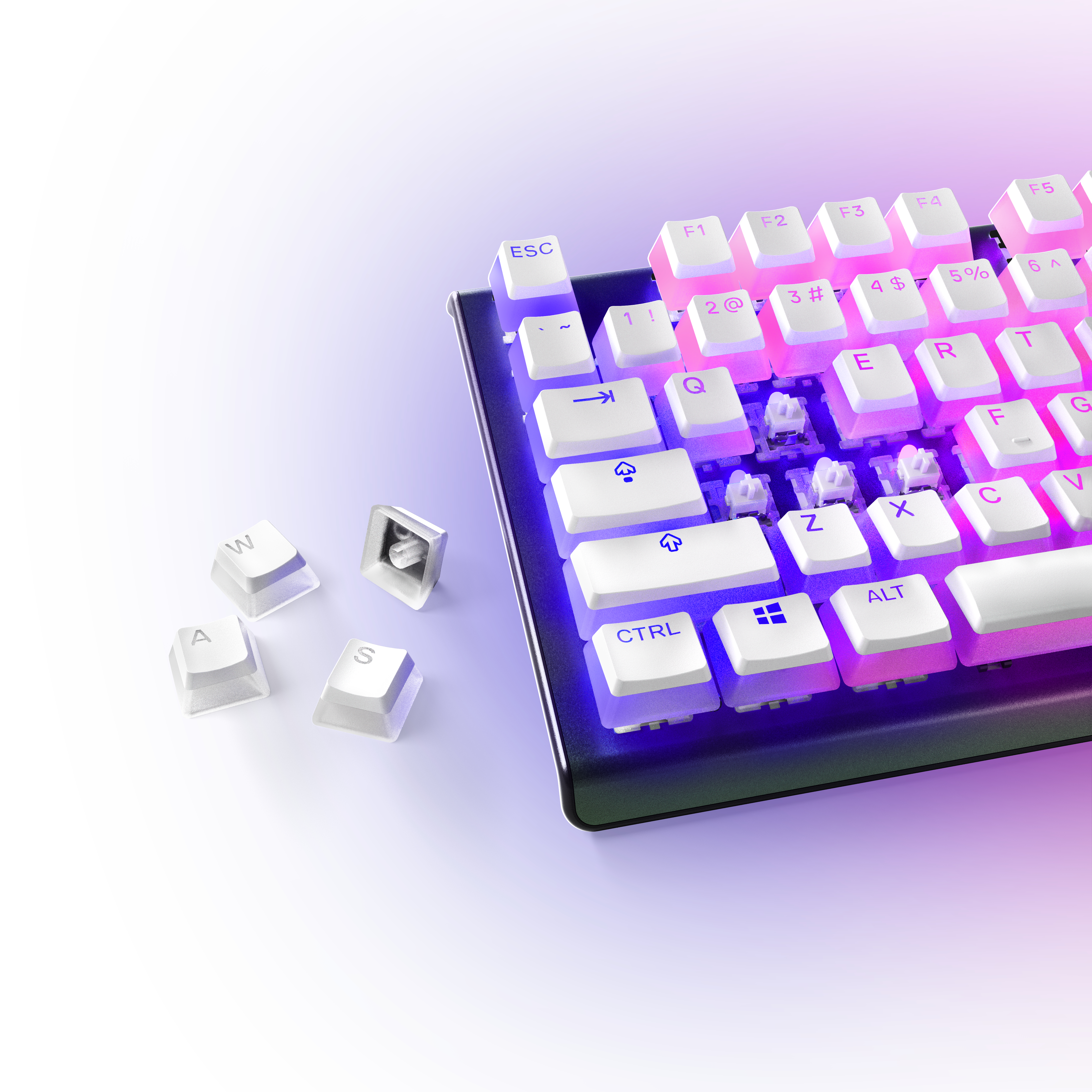 Nahaufnahme einer Tastatur mit weißen Tasten und lila und rosa Beleuchtung.