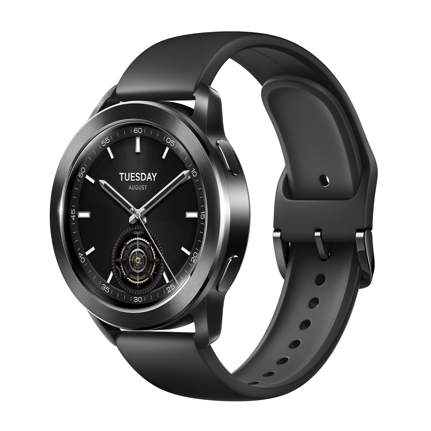 Smartwatch nero con cinturino nero, che mostra l'ora.