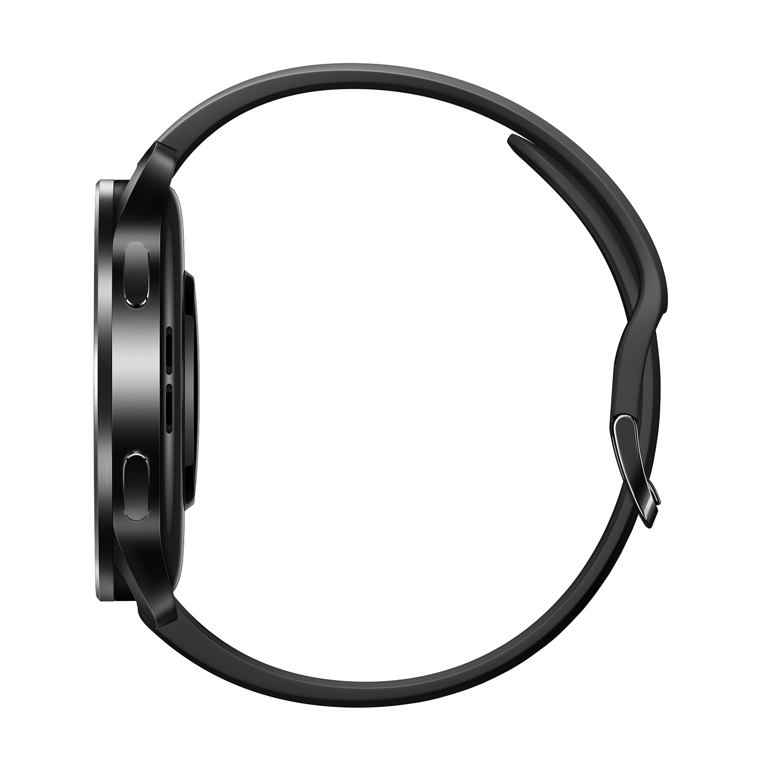 Uno smartwatch nero con cinturino nero, vista laterale.