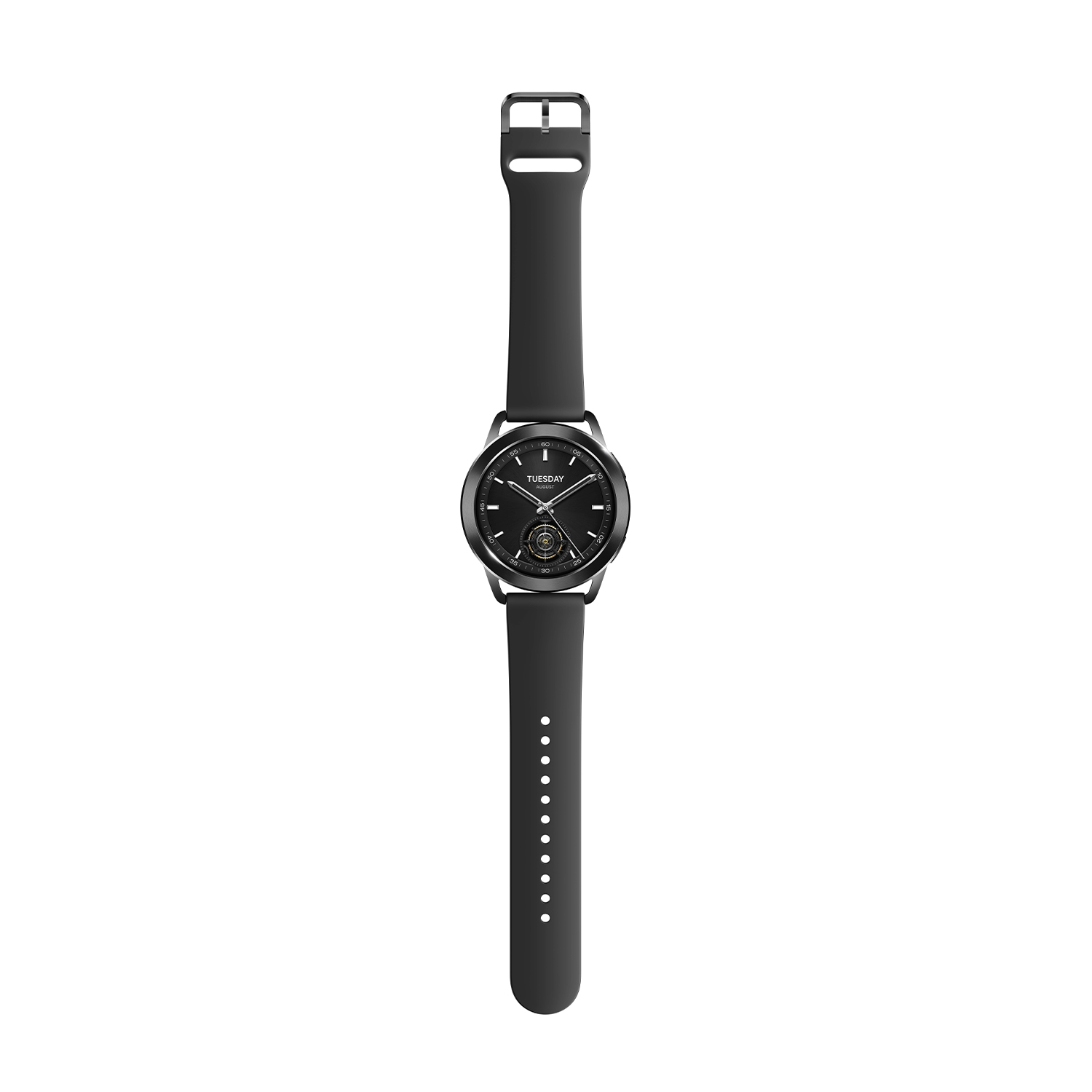 Smartwatch nera con cinturino nero, martedì sul display.