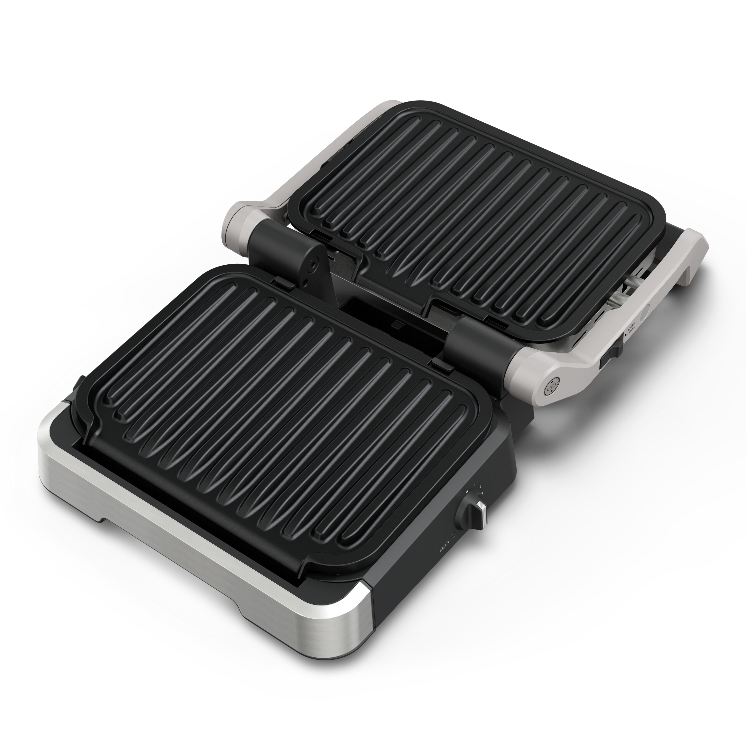 Offener Sandwichgrill mit vollständig geöffnetem Deckel.