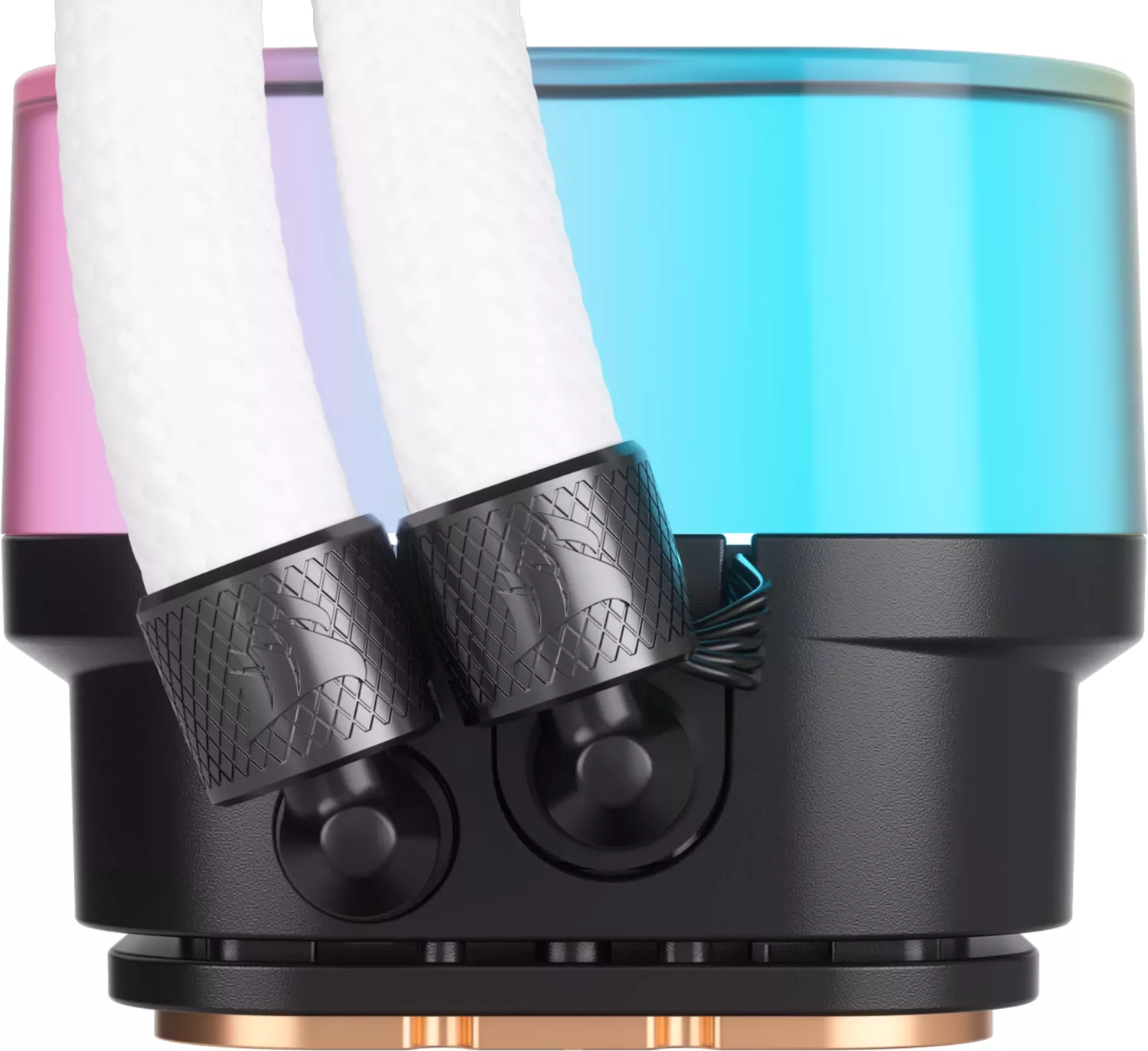 Eine Flüssigkeitskühlung mit weißen Schläuchen und schwarzen Anschlüssen. Die Kühlung hat RGB-Beleuchtung.