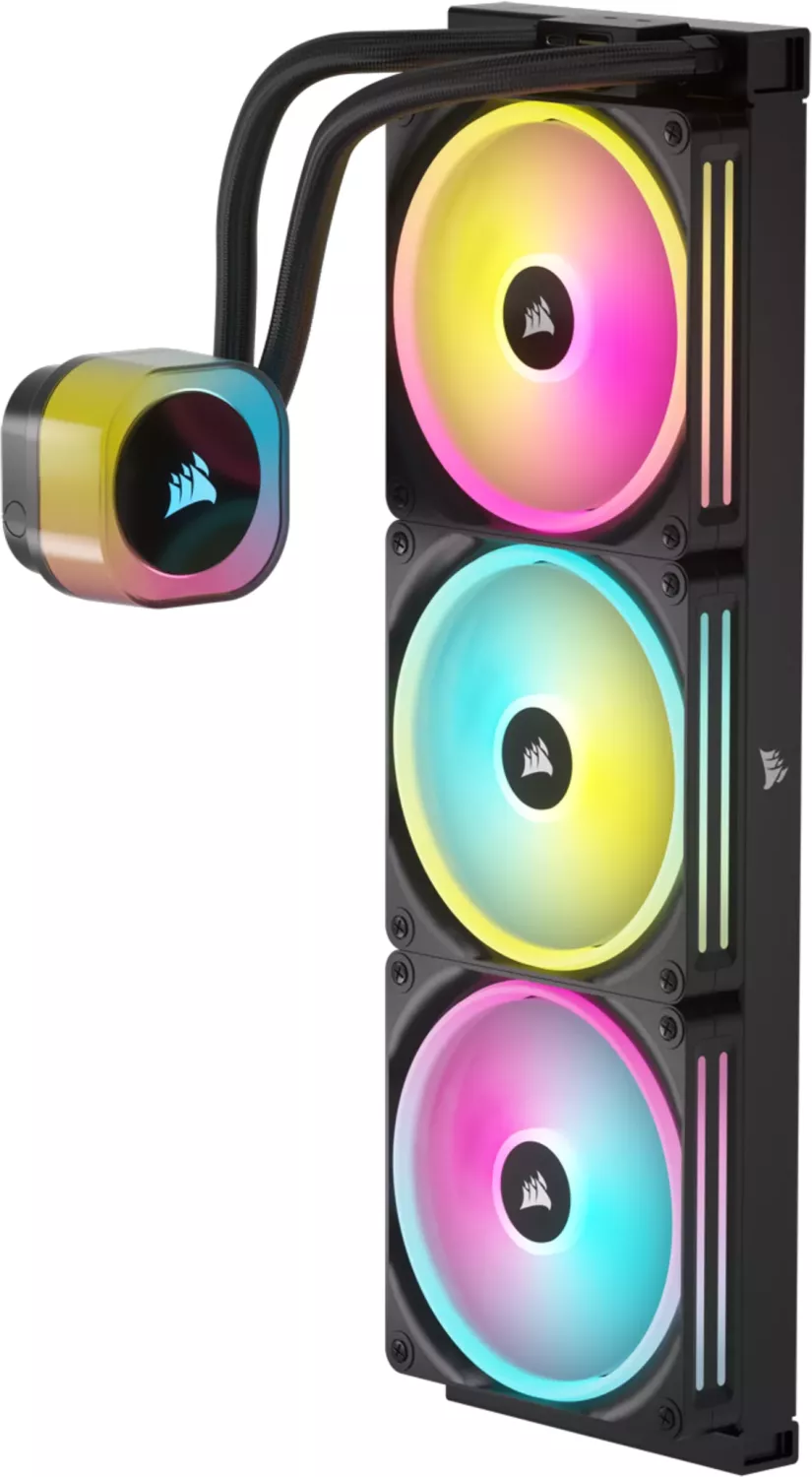 Corsair CPU-Kühler mit drei beleuchteten Lüftern. Schwarzer Rahmen. Regenbogenfarben. Schläuche und Pumpe links.