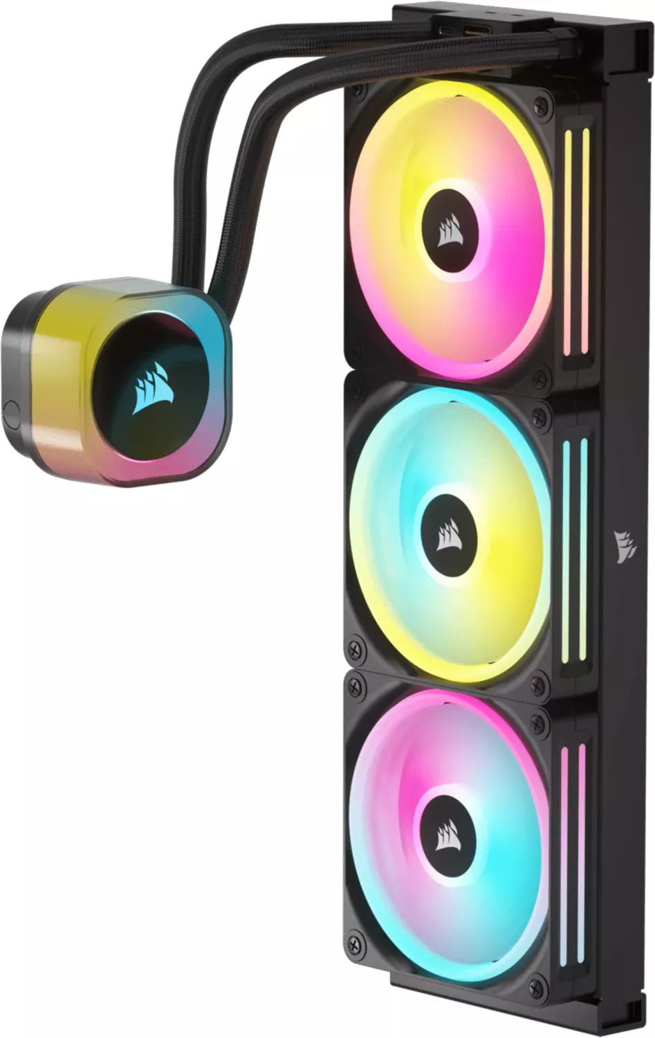Corsair iCUE H150i ELITE LCD-Flüssigkeitskühler mit drei RGB-Lüftern und einer Pumpe.
