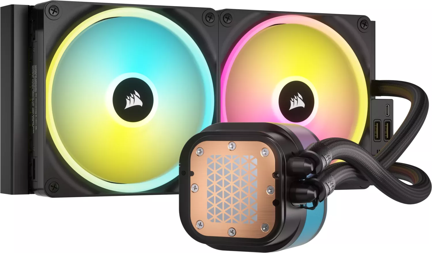 Ein Corsair CPU-Kühler mit zwei Lüftern und farbenfroher Beleuchtung.