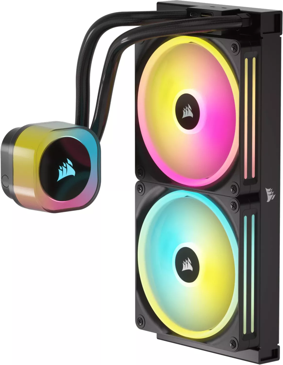 Computer-Kühlsystem mit zwei Lüftern und Pumpe, zeigt RGB-Lichter.