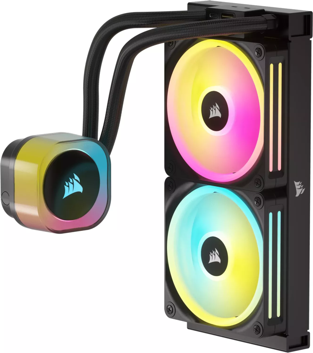 Ein Corsair CPU-Kühler mit zwei Lüftern und farbenfroher Beleuchtung, Seitenansicht.