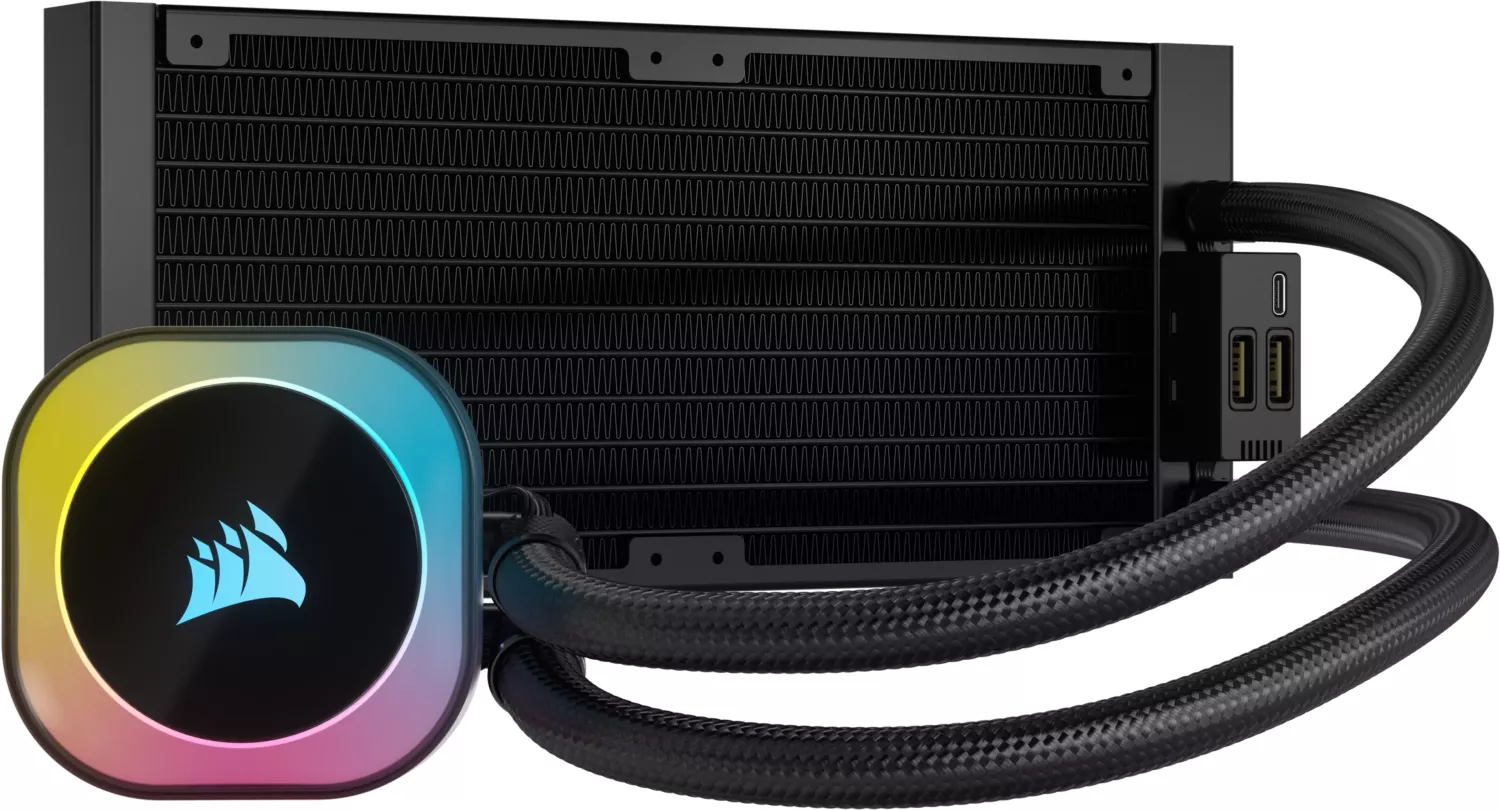 AIO-Flüssigkeitskühler mit schwarzem Radiator und farbenfroher Pumpe.