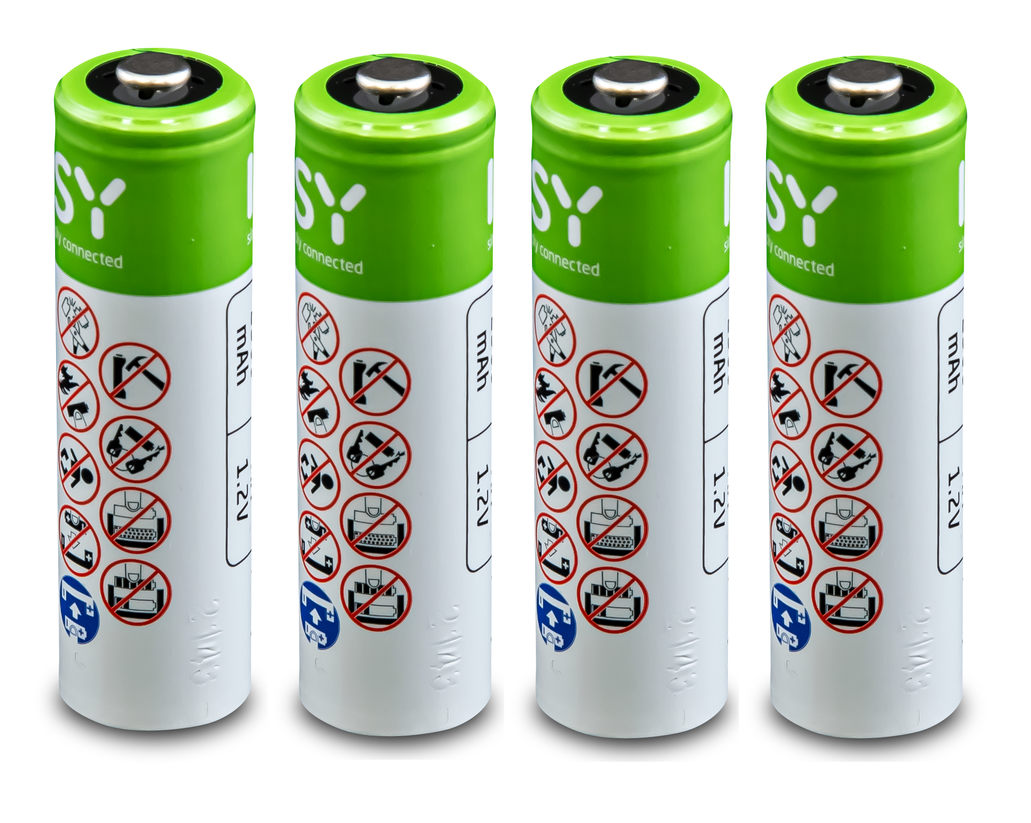Vier AA-Batterien. Grün und weiß mit Symbolen. Oberseite ist silber.