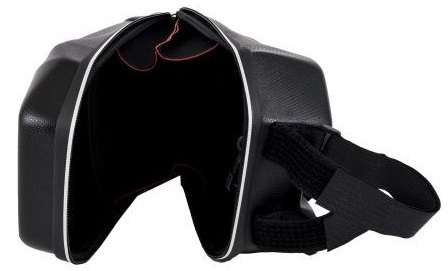 Czarna torba na zbiornik motocykla, rozpięta, pokazująca wnętrze.