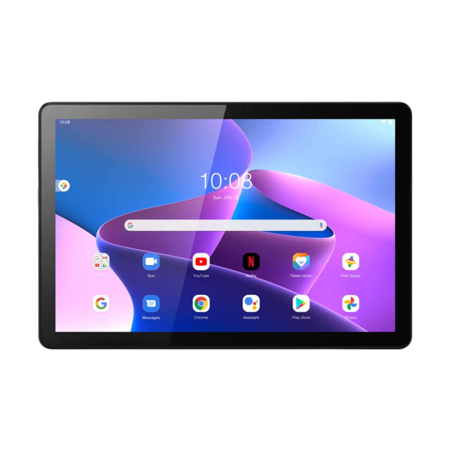 Tablet met een zwart frame, scherm met app-pictogrammen en de tijd 10:08. Het scherm heeft een paars ontwerp.