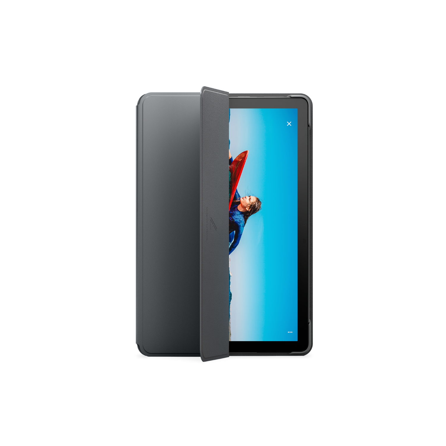 Een tablet in een grijze hoes. Het scherm toont een kleurrijke afbeelding van een surfende persoon.
