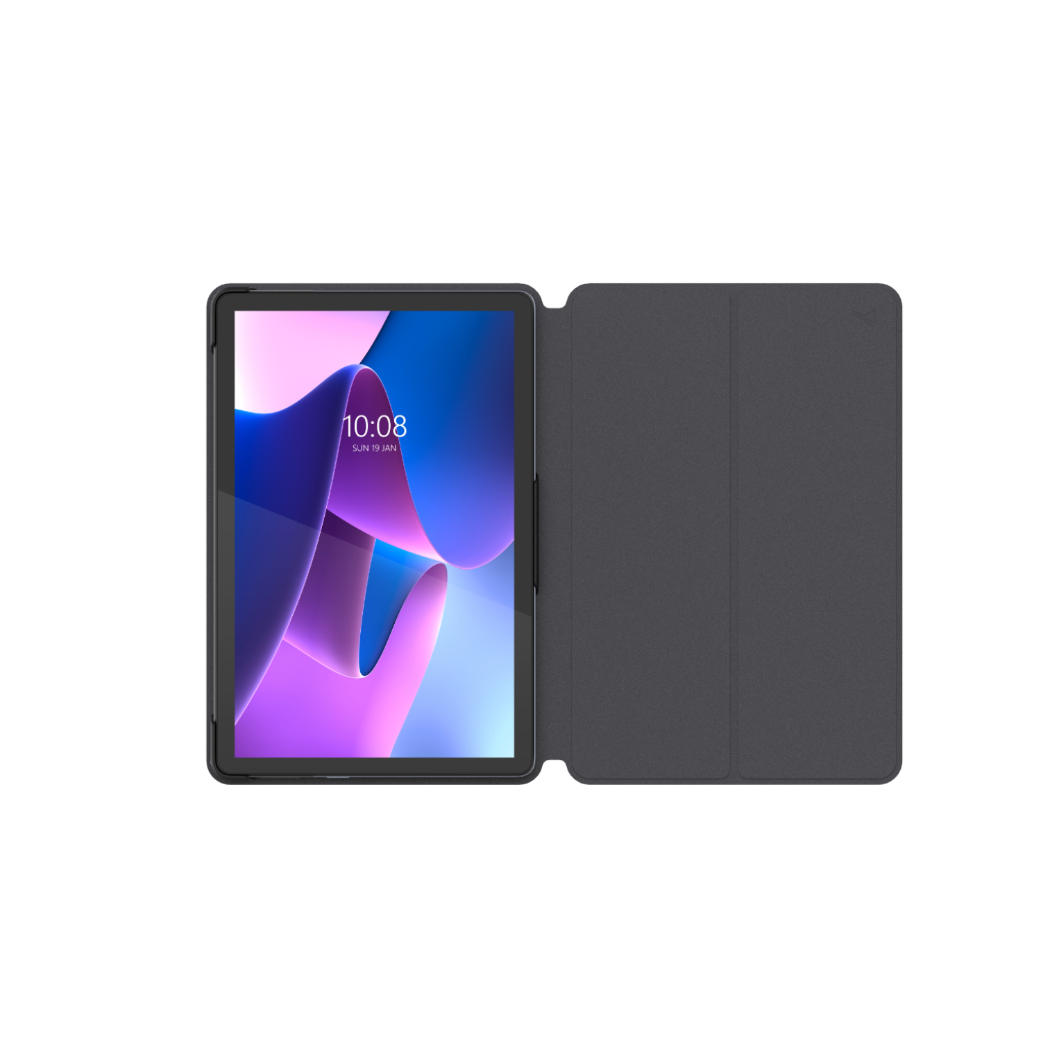 Tablet met een zwart frame en een donkergrijze hoes. Het scherm staat aan en toont een display.