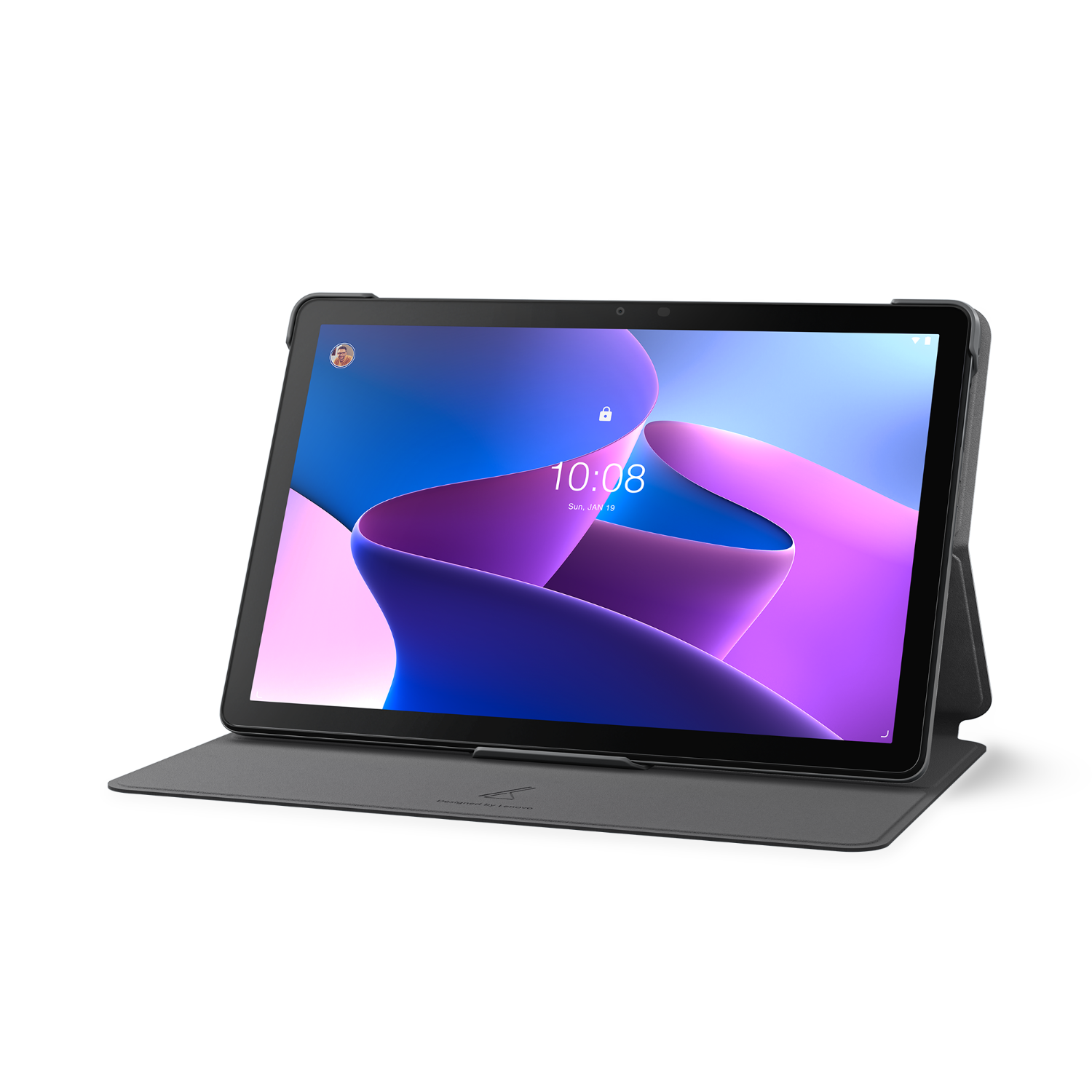 Een tablet op een standaard, met een kleurrijk abstract beeld.