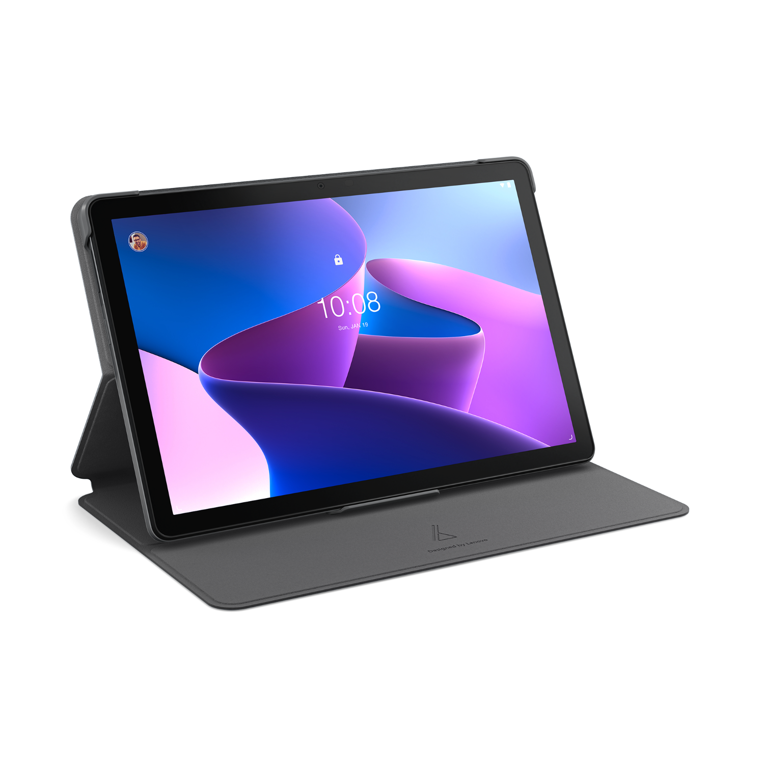 Grijze tablet in een donkergrijze hoes, onder een zwarte achtergrond. Paars ontwerp op het scherm.
