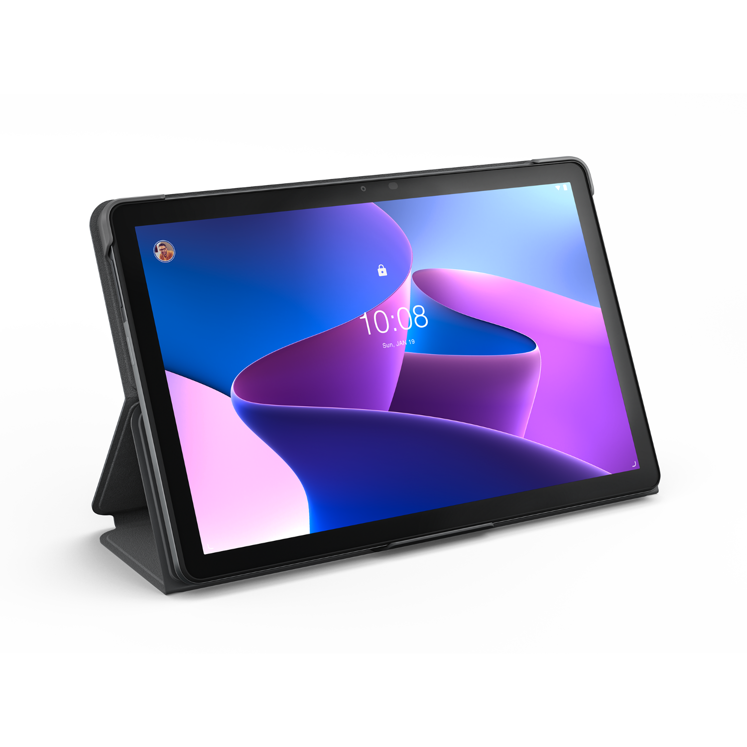 Zwarte tablet met hoes, scherm met blauw en paars ontwerp.