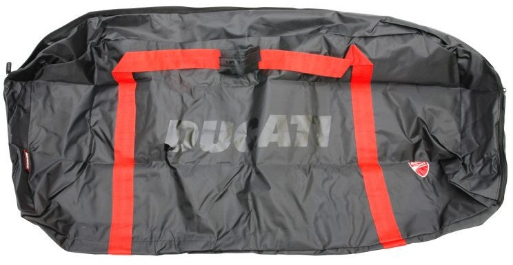 Czarna torba Ducati z czerwonymi paskami, widoczne logo Ducati.