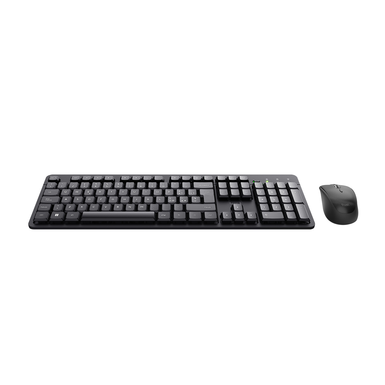 Set tastiera e mouse wireless neri su sfondo bianco, marchio Trust.