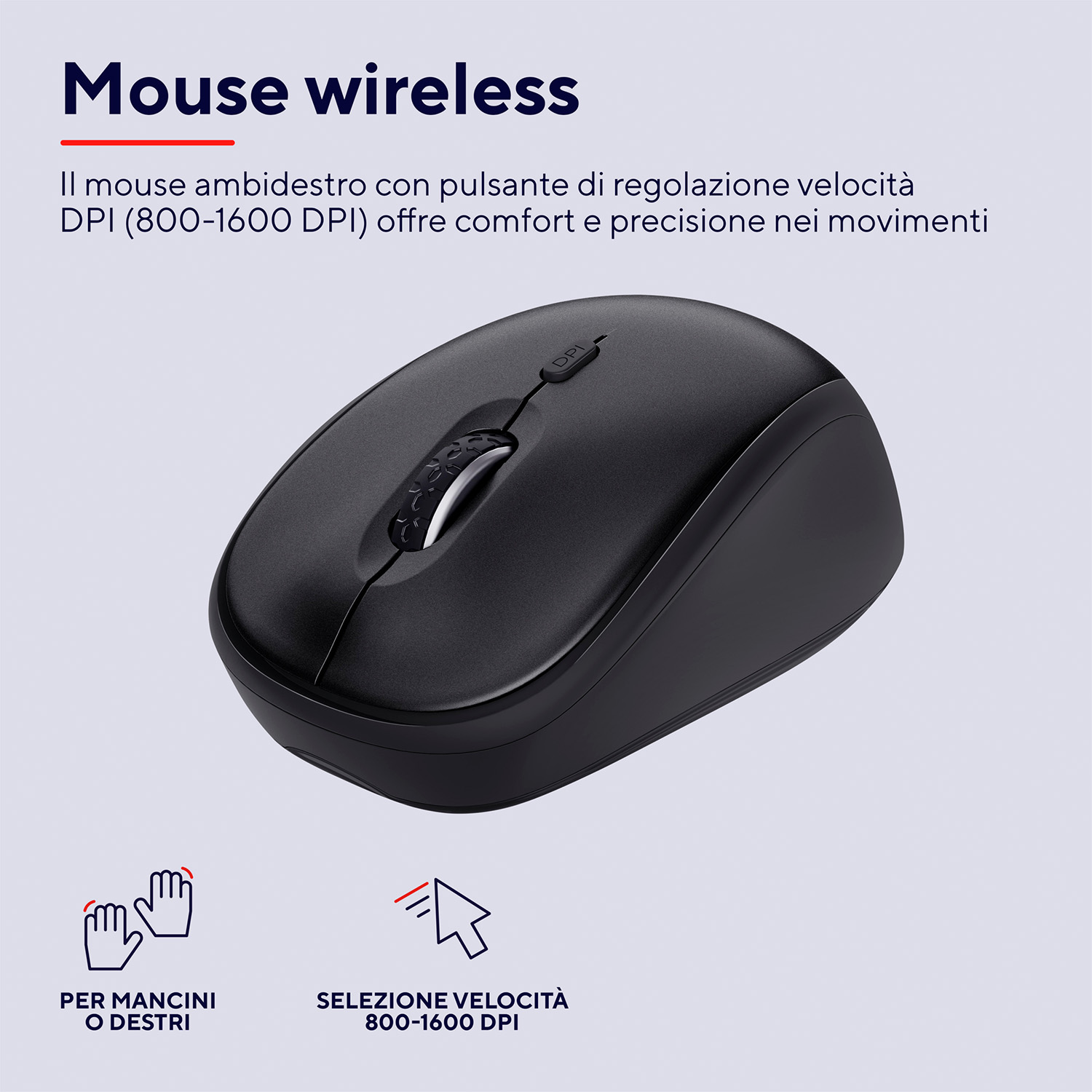 Un mouse wireless nero con una rotella di scorrimento e regolazione DPI, su una superficie bianca.