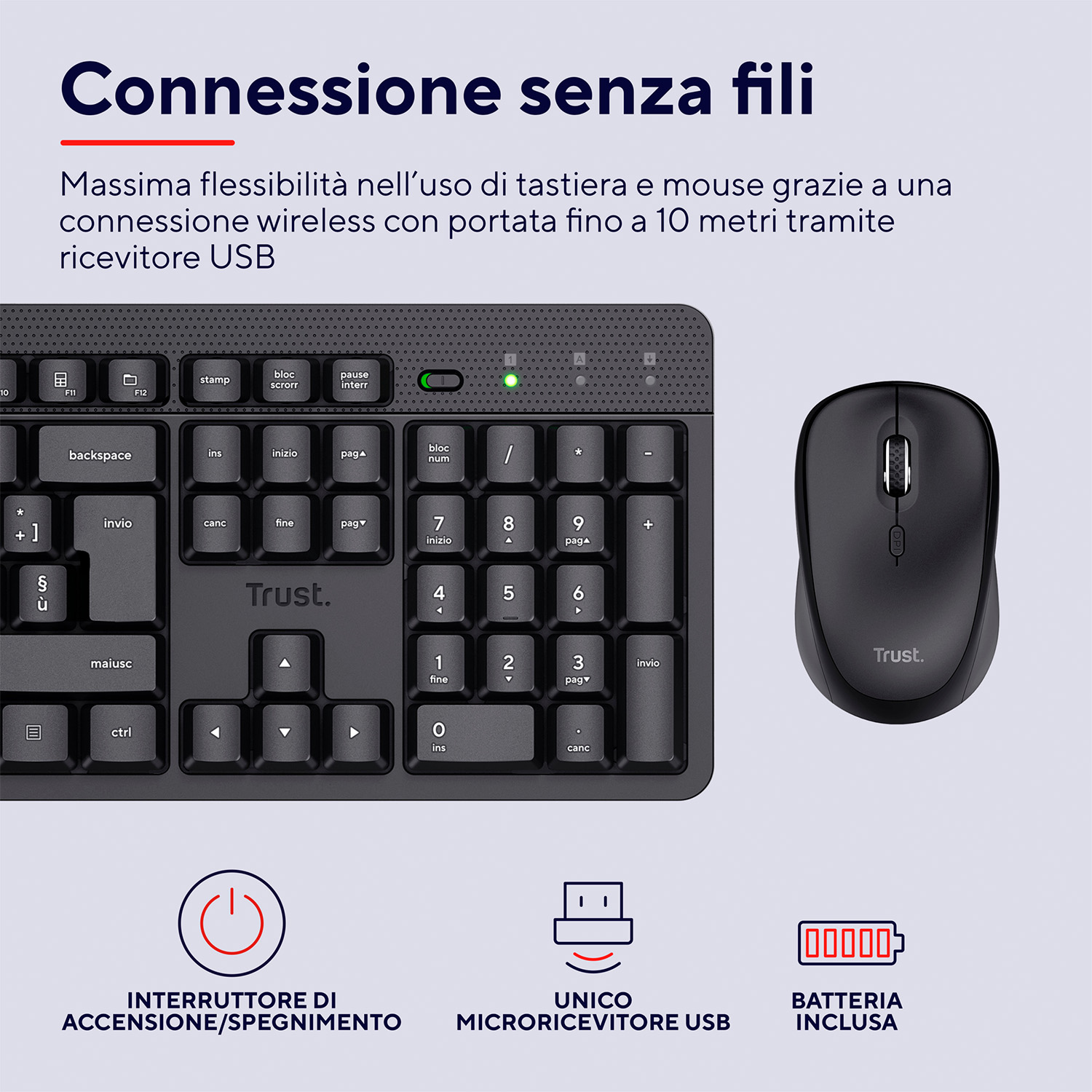 Un set di tastiera e mouse neri su una superficie bianca, con icone sottostanti.