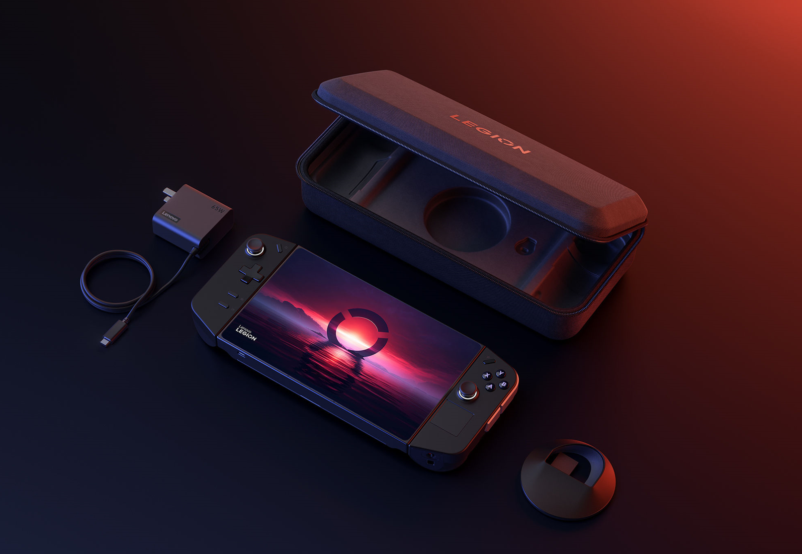 Gaming-Handheld-Konsole, Hülle, Ladegerät und ein rundes schwarzes Objekt auf dunkler Oberfläche mit roter und blauer Beleuchtung.