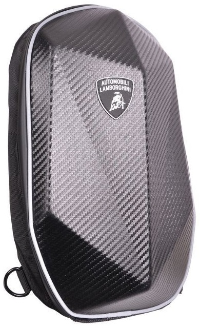 Czarna i srebrna torba Lamborghini. Tekstura włókna węglowego, z logo Lamborghini. Białe wykończenie i uchwyt.