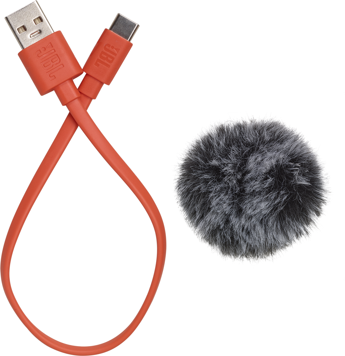 Un cavo JBL USB-C arancione e un antivento per microfono peloso su sfondo nero.