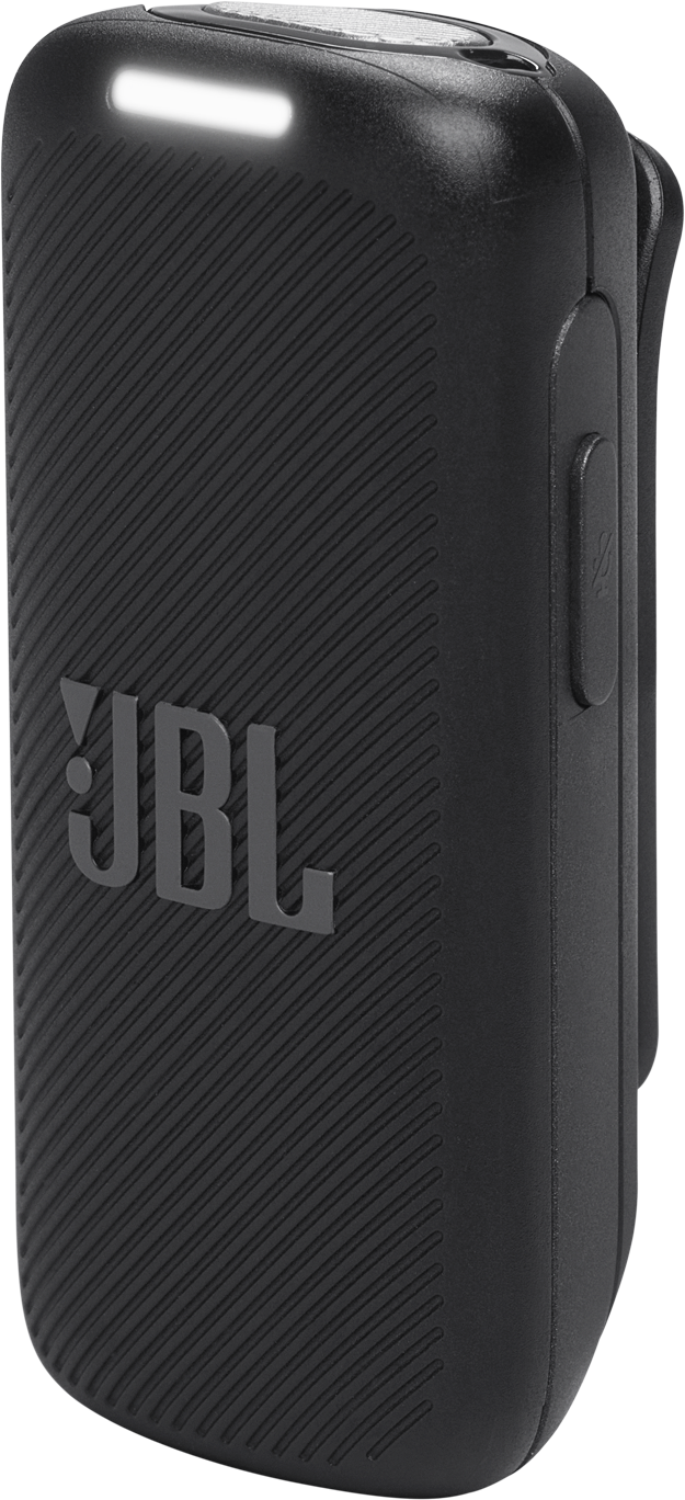 Altoparlante JBL nero a clip con texture scanalata e striscia luminosa.