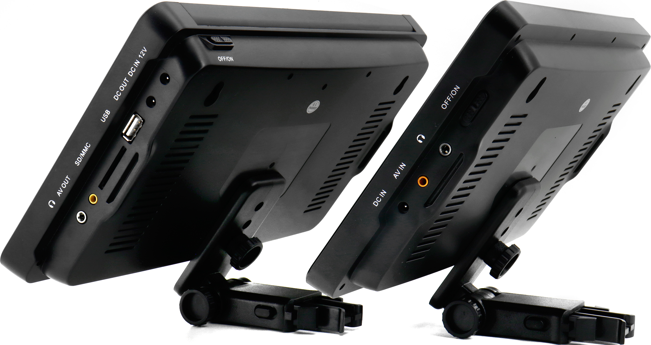 Zwei schwarze tragbare DVD-Player. Seitenprofil mit Anschlüssen und Ständer.