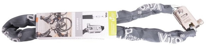 Zapięcie rowerowe z łańcuchem i mechanizmem blokującym, zapakowane.