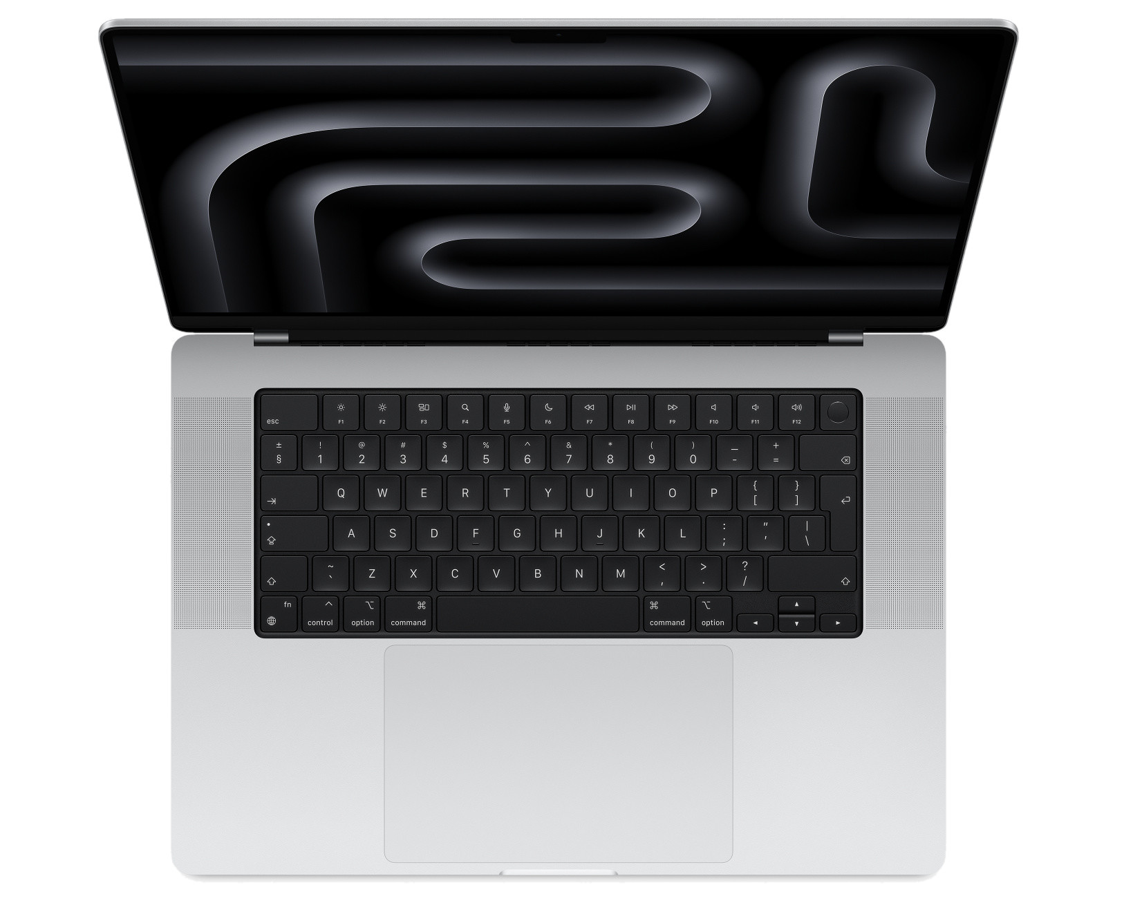 Laptop z góry, otwarty, z czarną klawiaturą i czarnym tłem na ekranie.