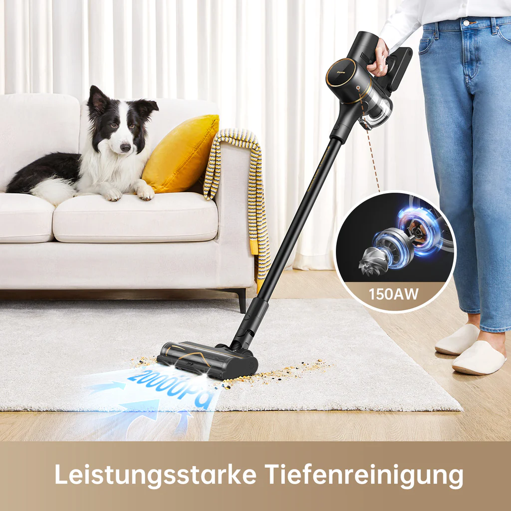 Personne aspirant un tapis avec un aspirateur sans fil, montrant le flux.
