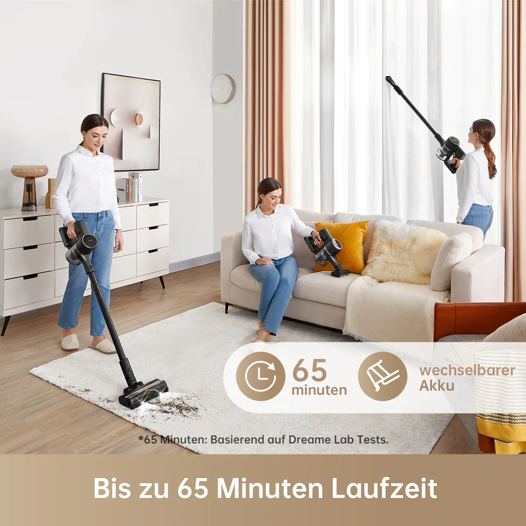 Des personnes passent l'aspirateur sur un tapis blanc. Le texte indique, jusqu'à 65 minutes d'autonomie.