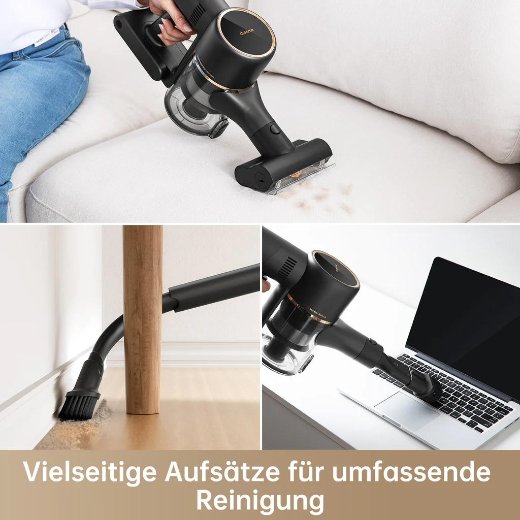Utilisation d'un aspirateur: canapé, coins, ordinateur portable. Design or et noir. Divers accessoires.