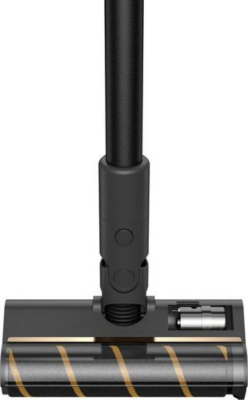 Gros plan sur une tête d'aspirateur noire avec une brosse rotative.
