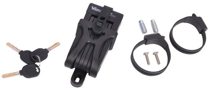 Składana blokada rowerowa, dwa klucze i akcesoria montażowe.