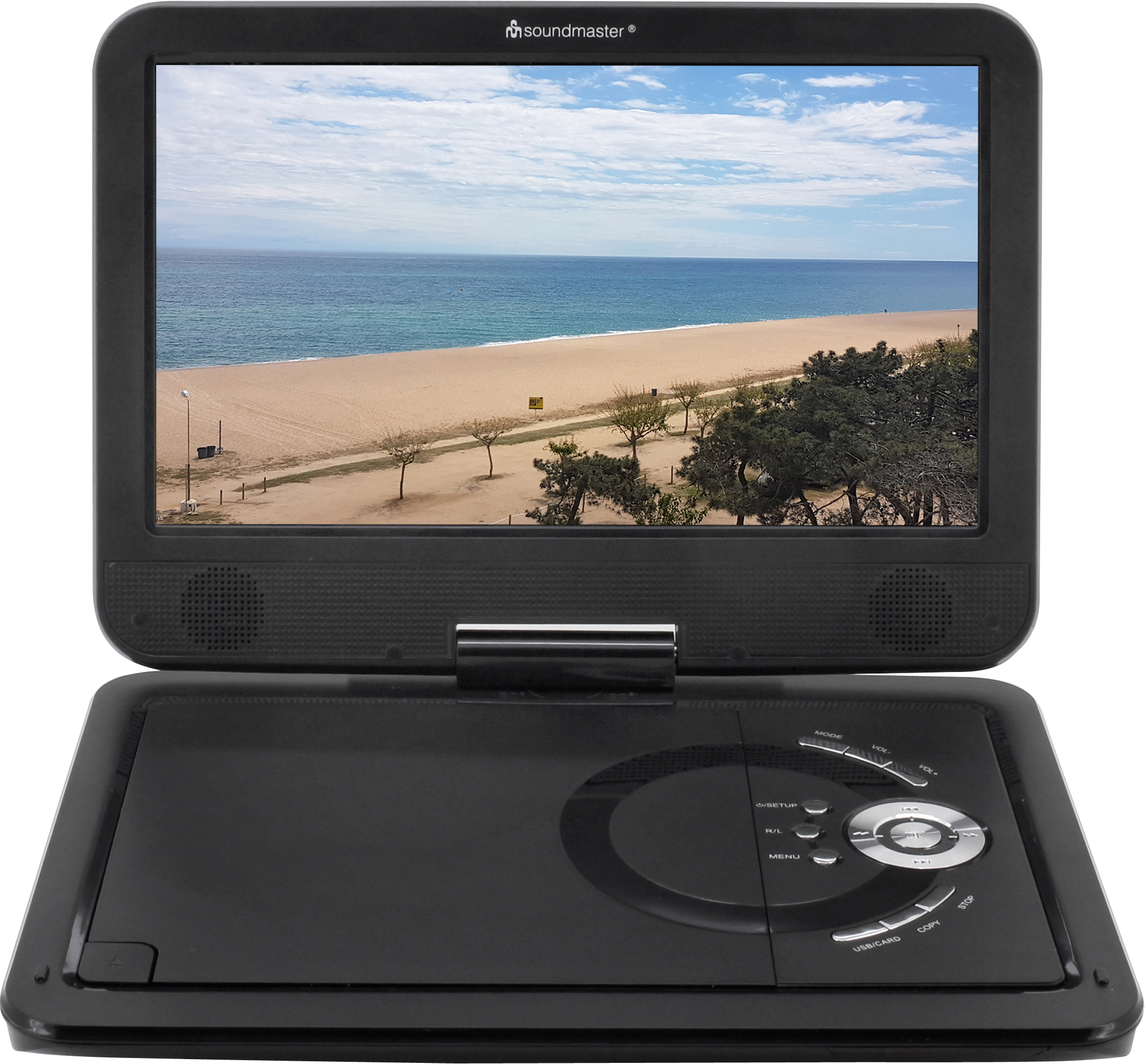 Ein schwarzer tragbarer DVD-Player von Soundmaster mit einem Strandbild.