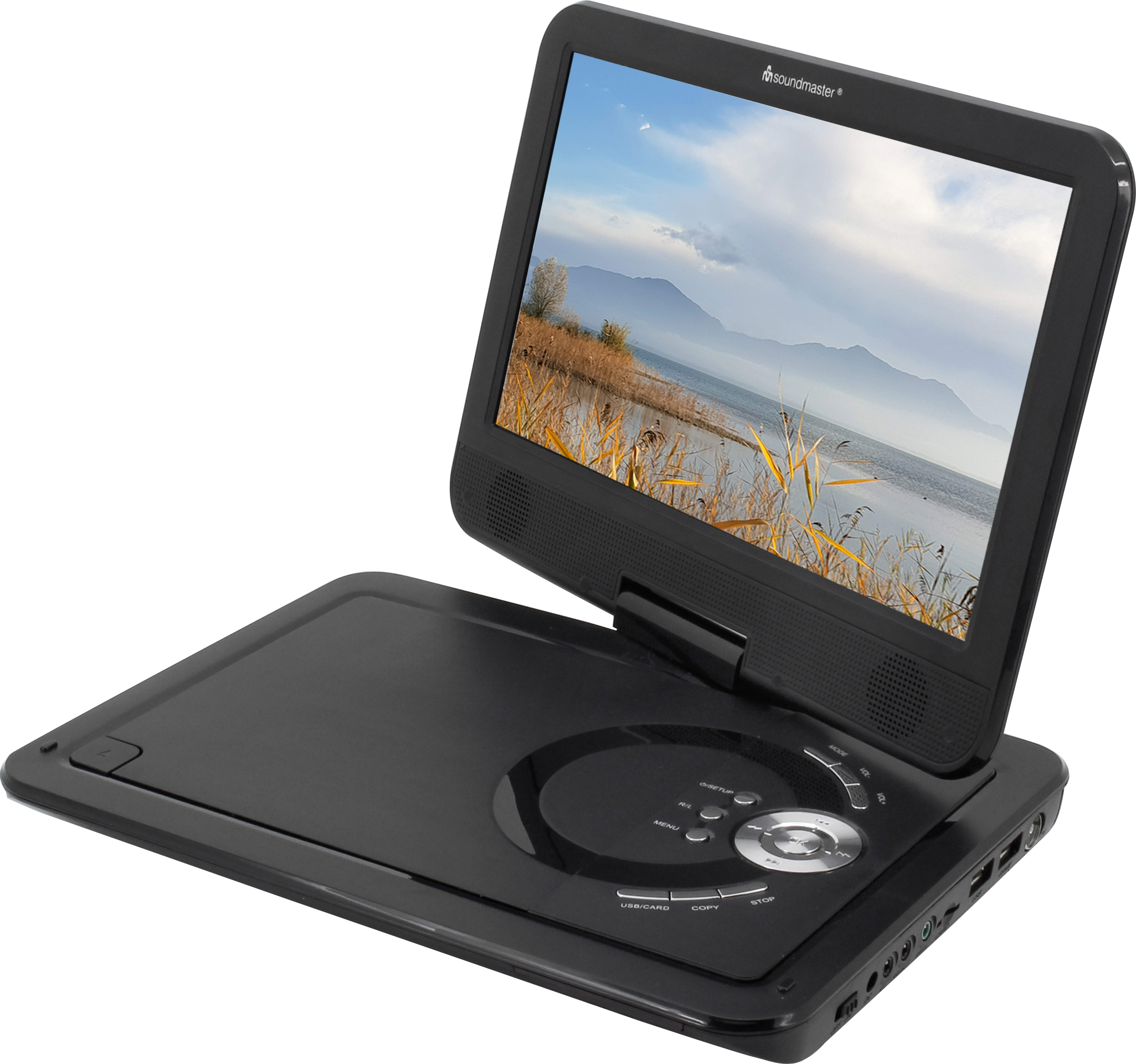 Schwarzer tragbarer DVD-Player, geöffnet. Der Bildschirm zeigt eine Landschaftsszene mit Wasser.
