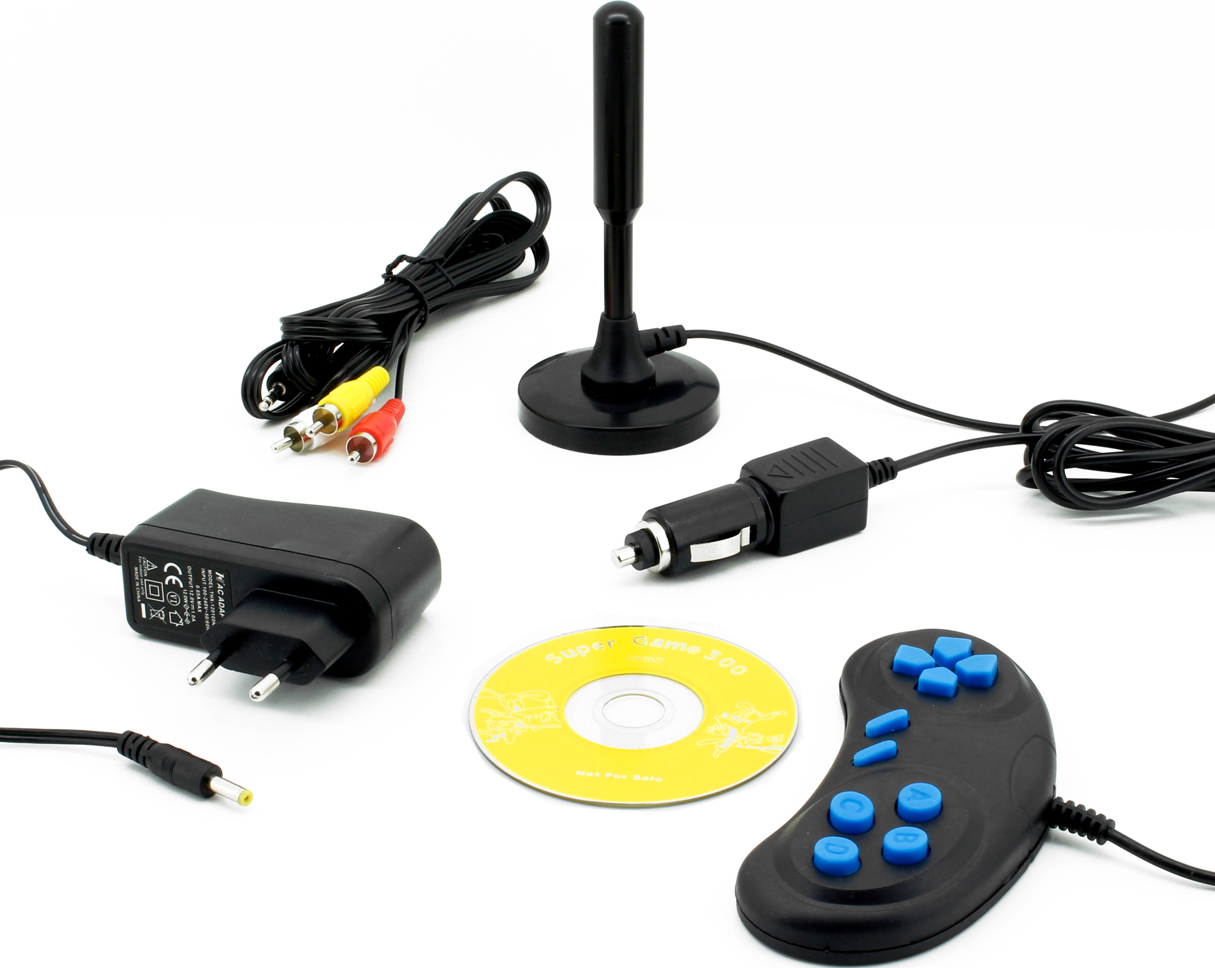 Verschiedenes Spielkonsolenzubehör. Enthält einen Controller, Netzadapter, Antenne und eine Spiel-CD.