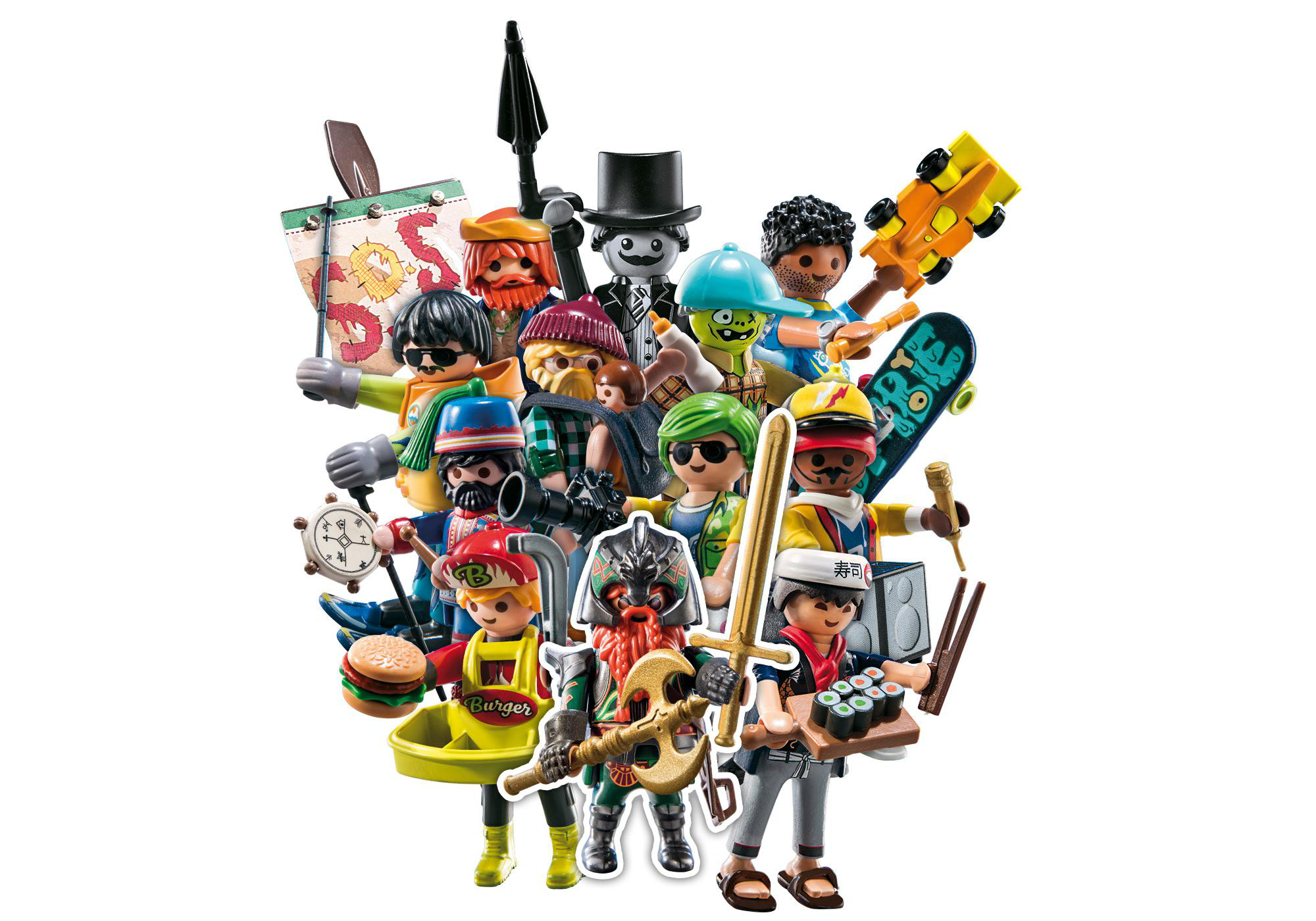 Eine Sammlung von Playmobil-Figuren verschiedener Berufe und Themen.