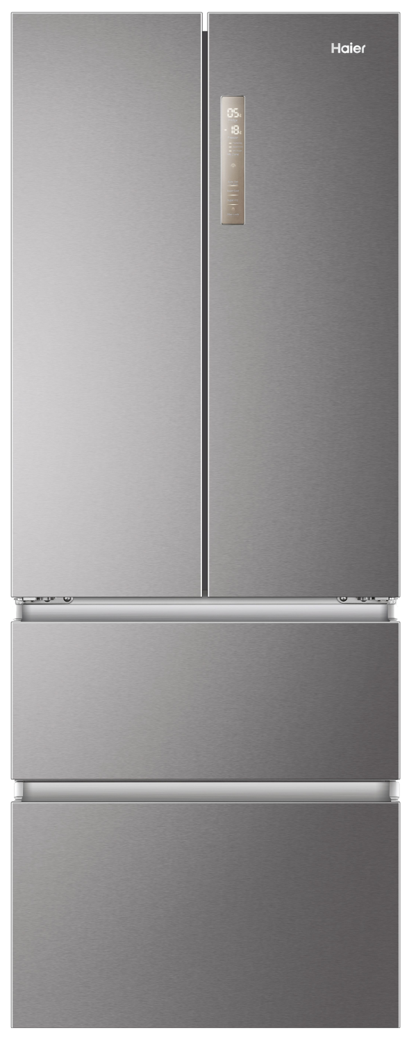 Rozsdamentes acél Haier hűtőszekrény három ajtóval, modern design, függőleges nézet.
