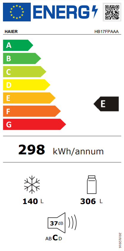 Haier energia címke, E energiahatékonysággal, 298 kWh/év fogyasztással.