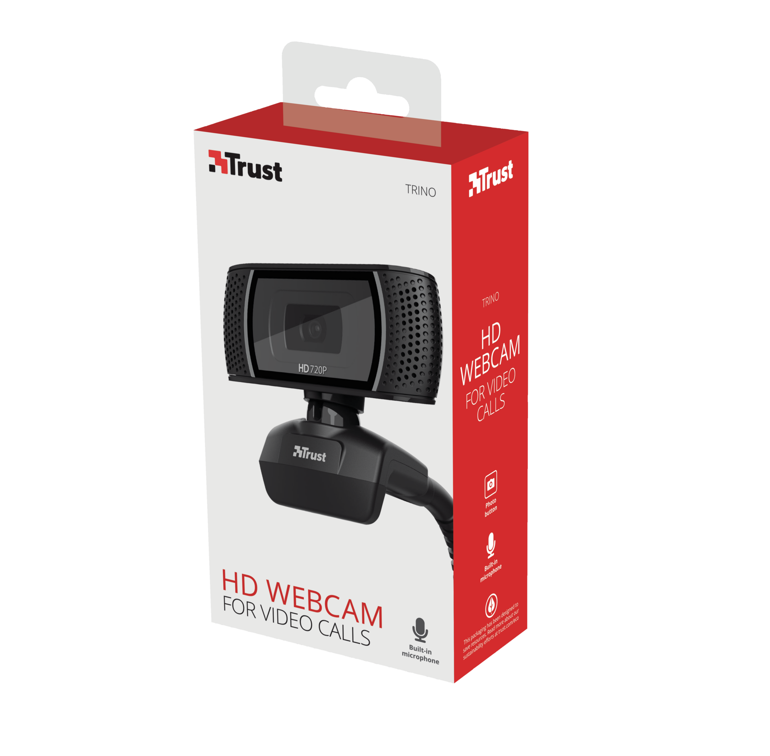 Une boîte de webcam Trust Trino, webcam noire, avec HD 720p et un microphone.